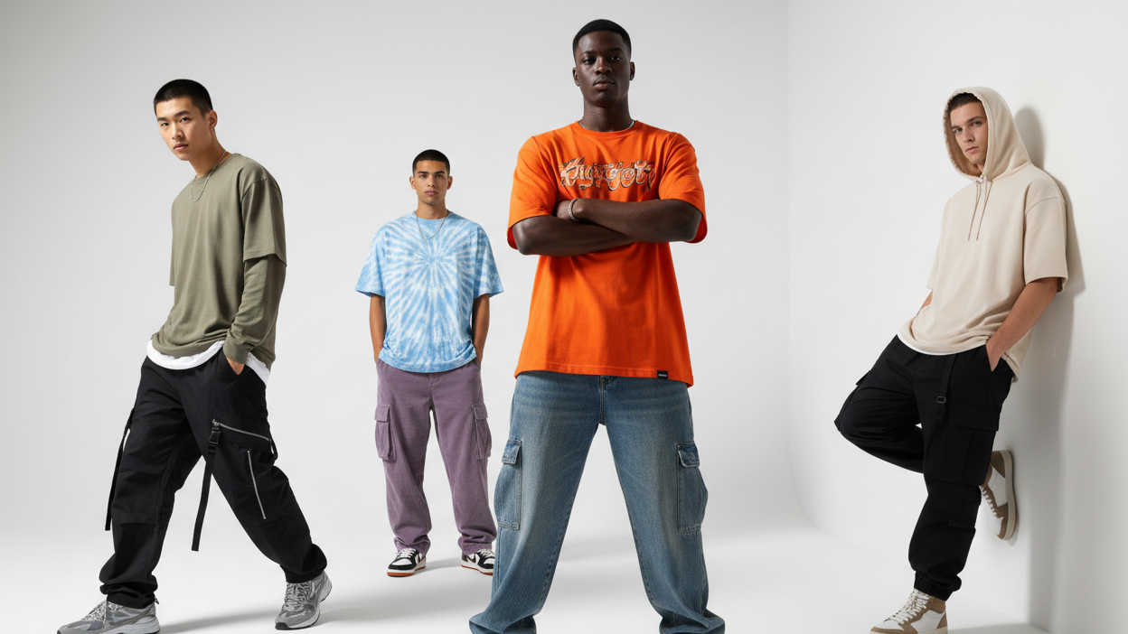 Multiple male fashion models wearing streetwear tshirts and baggy pants doing different positions